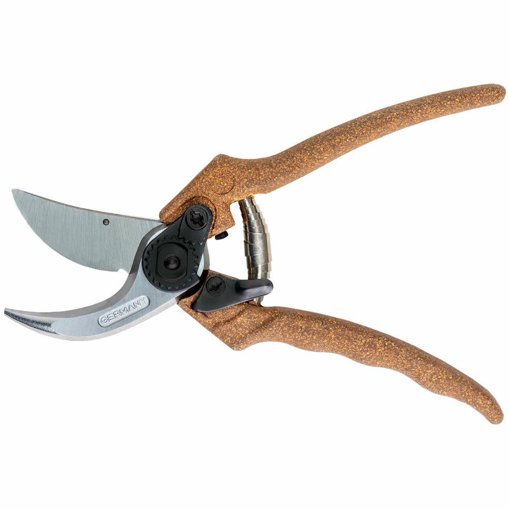 Berger C1200 Gartenschere mit braunen Griffen und silberner Klinge, Marke Berger, Modell C1200, Deutschland hergestellt, obere Ansicht