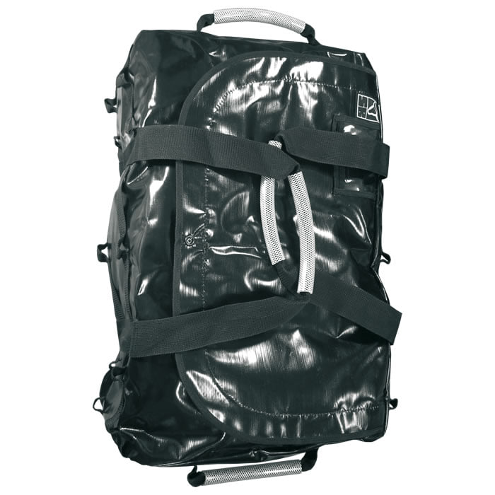 Multiuse Tasche in Schwarz mit mehreren schwarzen Gurten und zwei weißen Griffen