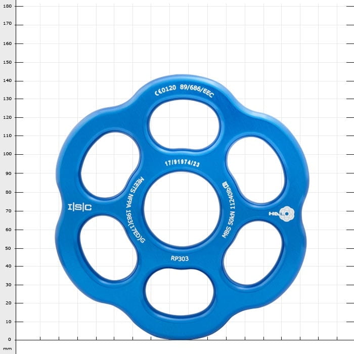 Rigging Plate Halo Blue, blaue runde Riggingplatte mit sechs Öffnungen und weißer Beschriftung auf der Oberfläche