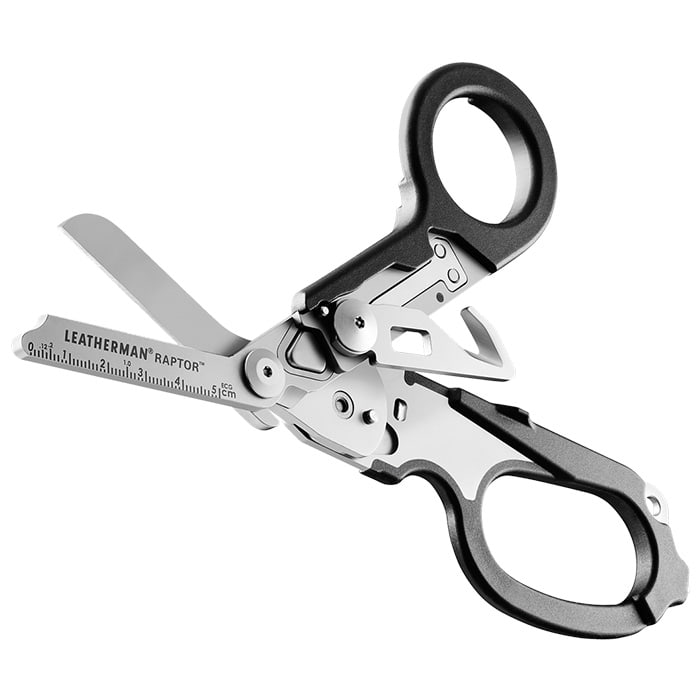 Leatherman Raptor multifunktionale Rettungsschere mit schwarzen Griffen und ausklappbaren Werkzeugen aus Metall und Kunststoff