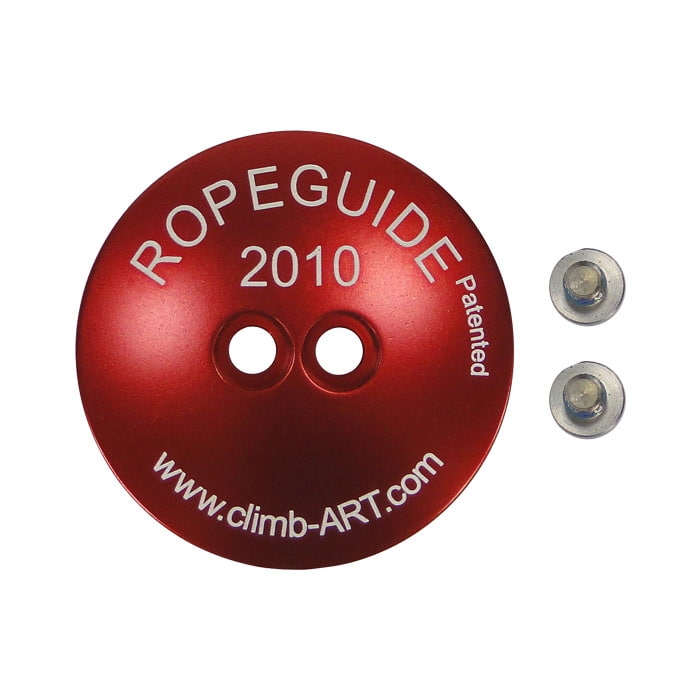 RopeGuide 2010 Deckel, roter runder Deckel mit zwei Löchern, weißer Schriftzug "ROPEGUIDE 2010 Patented www.climb-ART.com" und zwei kleinen silbernen Schrauben daneben