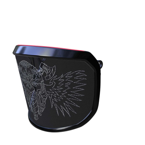 PROTOS® Visier Special Edition seitliche Ansicht mit schwarzem Rahmen und weißem Wikinger-Gesicht mit Flügeln auf schwarzem Hintergrund aus entgegengesetzter Perspektive