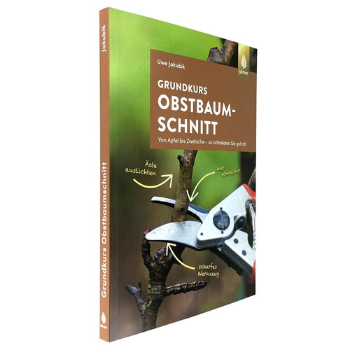 Buch Grundkurs Obstbaumschnitt von Uwe Jakubik mit grünem und braunem Umschlag, seitliche Ansicht, Verlag Ulmer