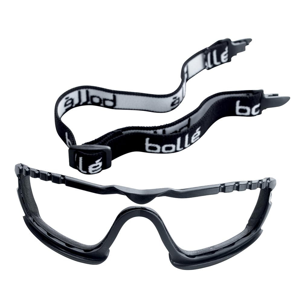 Cobra Ersatzteil-Kit mit schwarzem Brillenband mit weißer Aufschrift "bollé" und schwarzem Brillenrahmen
