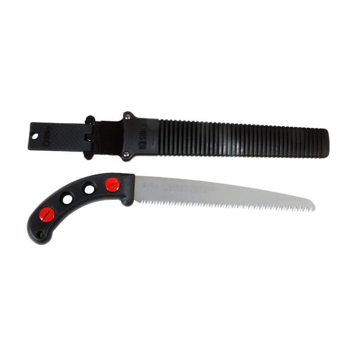 Gomtaro Root 240-8 Handsäge mit schwarzem Griff und gezahnter Klinge, dazu schwarze Schutzhülle mit Rillenstruktur und Befestigungslasche