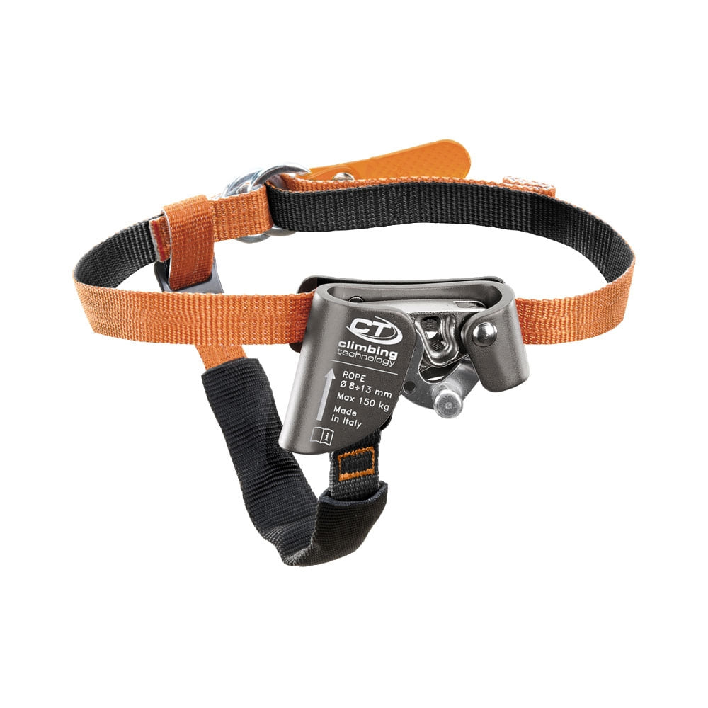 Quick Step L Fußsteigklemme mit orange-schwarzem Gurt und grauem Metallmechanismus von Climbing Technology