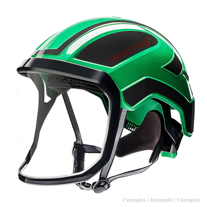 grüner PROTOS® Schutzhelm mit integriertem durchsichtigem Visier und schwarzem Innenfutter