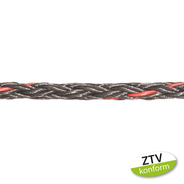 boa 2 t Hohltau, Nahaufnahme eines geflochtenen schwarzen Seils mit roten Fasern, unten rechts ein grünes und weißes Label mit der Aufschrift "ZTV konform"