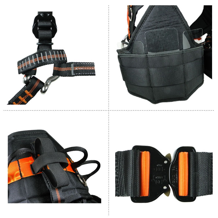 Vier Detailaufnahmen des Klettergurts Tree Austria 3.2 mit Fokus auf Gurtbänder, Schnallen und Polsterungen in Schwarz und Orange