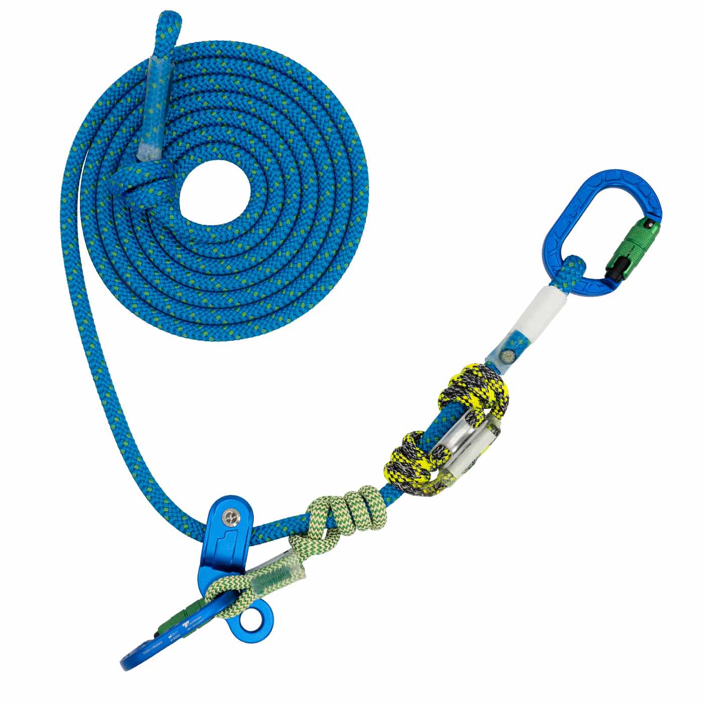 hipSTAR Glide 11,5 blaues Seil aufgerollt mit zwei blauen Karabinern und Metallöse, umwickelt mit grün-gelbem Seil