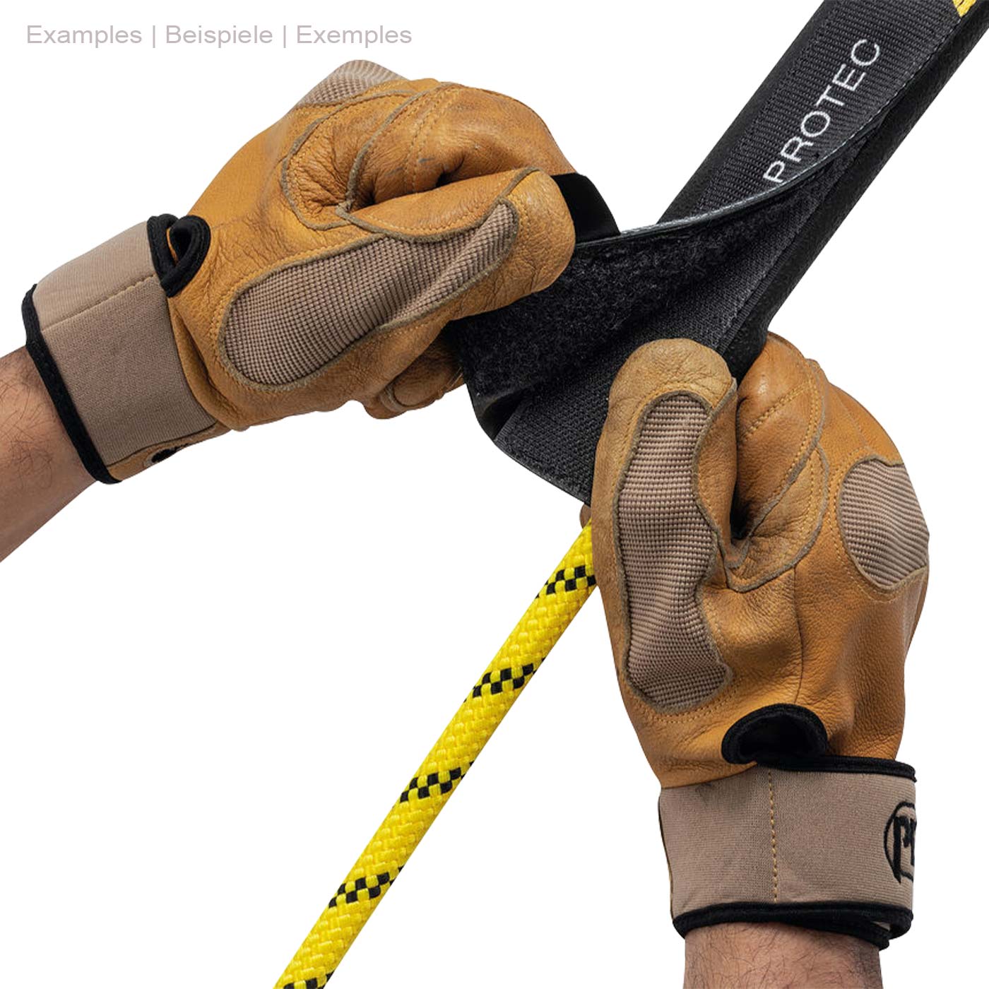 Petzl Protec schwarz-gelber Schutz mit Klettverschluss, gehalten von zwei Händen mit braunen Arbeitshandschuhen, Produktname und Hersteller sichtbar