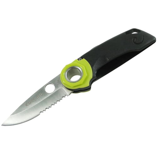 Ropetooth Klappmesser von Edelrid mit schwarzem Griff, grünem Akzent und silberner Klinge, geöffnet, von oben fotografiert