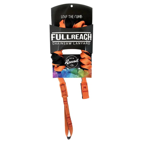 Full Reach Lanyard in orange und schwarz, verpackt mit schwarzem Etikett mit weißer Schrift "FULL REACH CHAINSAW LANYARD"