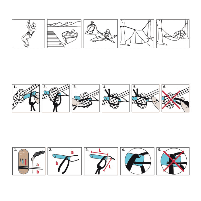 Rope Pin Set mit Anleitung in schwarz-weiß und farbigen Illustrationen zur Verwendung der Pins