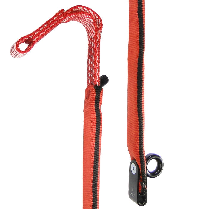 ZipAbsorber TwinLine, Nahaufnahme des roten Sicherheitsseils mit schwarzem Streifen, Metallöse und Netzschlaufe am oberen Ende