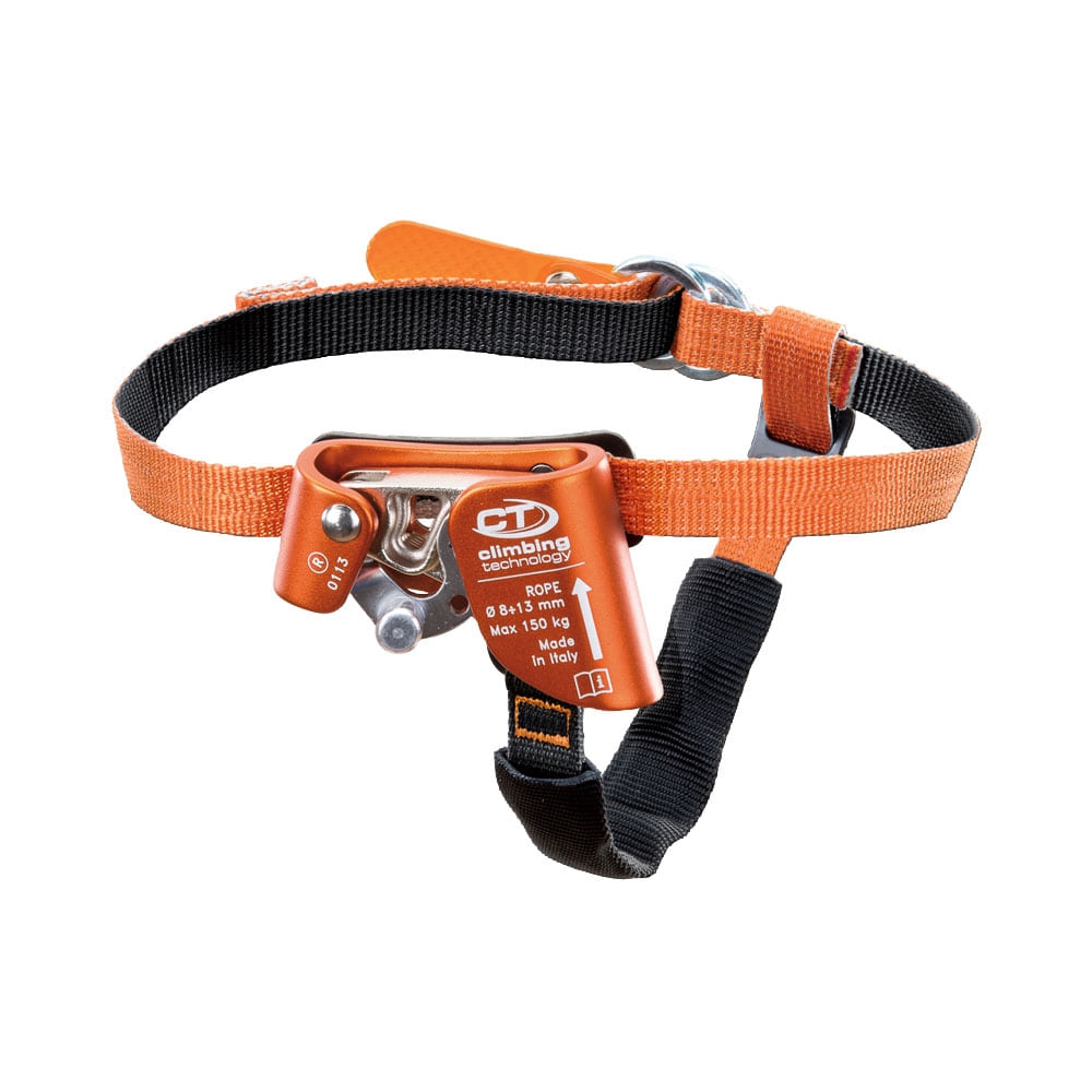 Quick Step R, orange-schwarze Fußsteigklemme mit Metallclip und Textilriemen