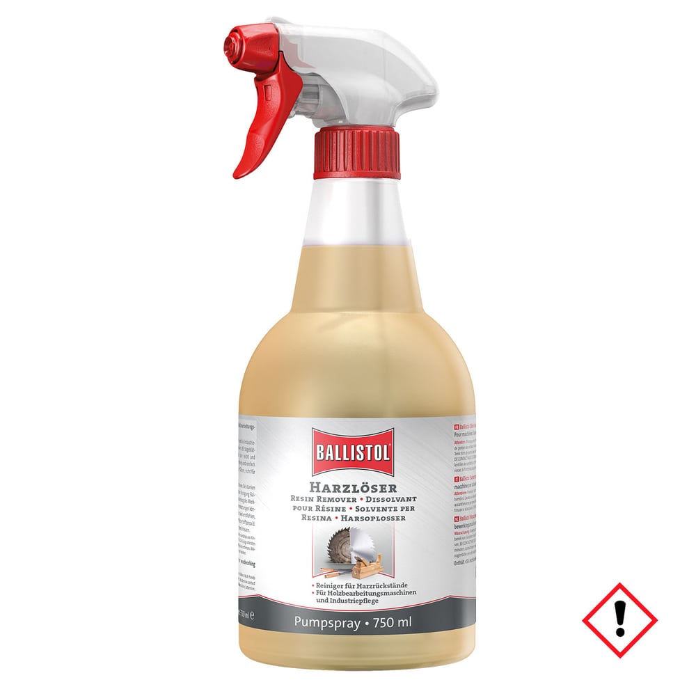 Ballistol Harzlöser 0.75 Pumpspray in einer durchsichtigen Kunststoffflasche mit rotem Sprühkopf und weißem Etikett mit rotem Ballistol-Logo und Produktinformationen, Inhalt 750 ml