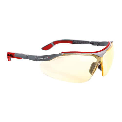 Nexus Schutzbrille von Pfanner mit gelb getönten Gläsern und roten Details am Bügel