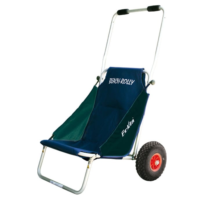 Beach Rolly Strandrollstuhl mit blau-grünem Stoff und Aluminiumrahmen, zwei große rote Reifen sind sichtbar