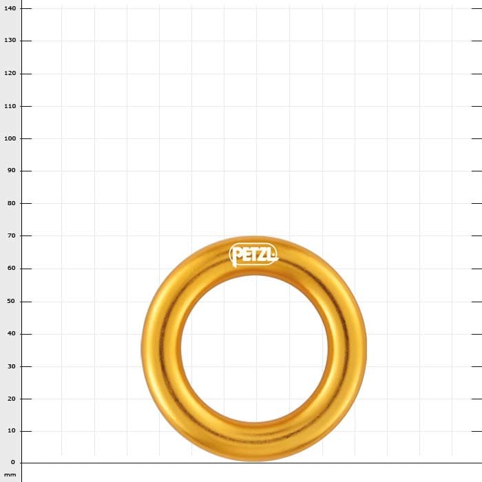 Ring L von Petzl, goldfarbener Metallring mit rundem Querschnitt und PETZL-Logo in Weiß auf der Oberseite