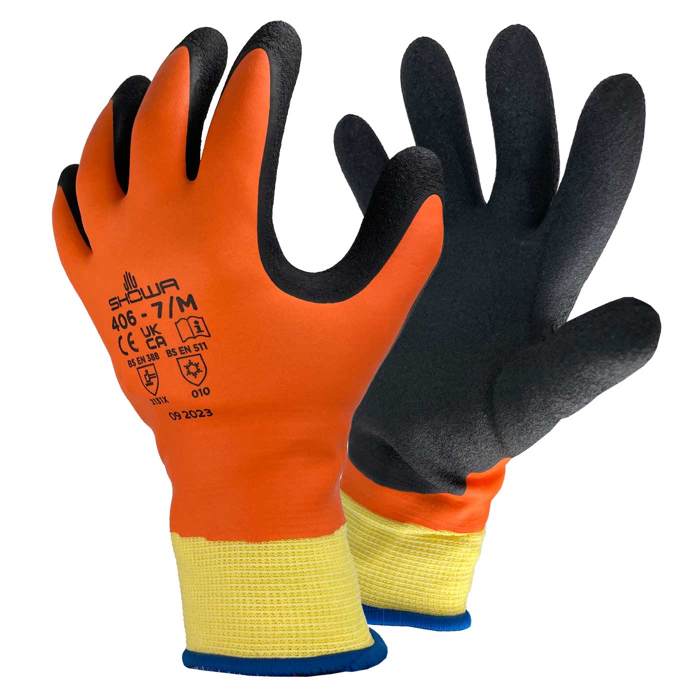 Showa 406 Arbeitshandschuhe in Orange und Schwarz mit gelbem Bündchen, Vorder- und Rückseite sichtbar
