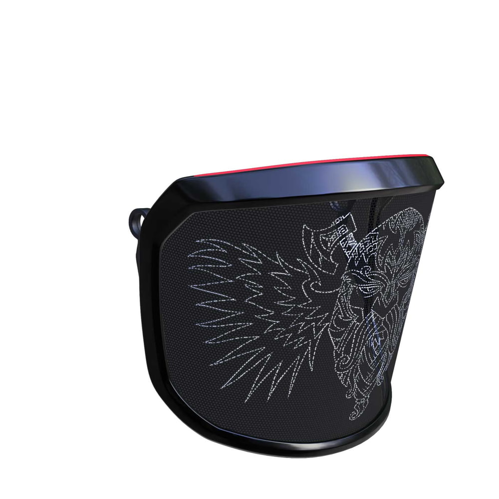 PROTOS® Visier Special Edition seitliche Ansicht mit schwarzem Rahmen und weißem Wikinger-Gesicht mit Flügeln auf schwarzem Hintergrund