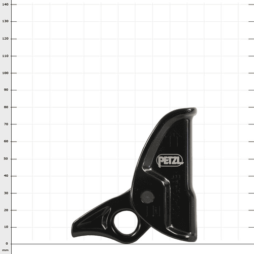 Micrograb von Petzl, schwarzes Klettergerät mit rundem Griff und Pfeil nach oben auf weißem Rasterhintergrund