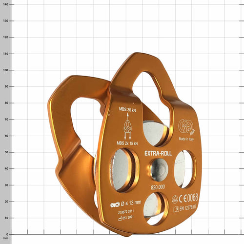 Extra Roll, orangefarbene Umlenkrolle mit silbernen Metallachsen, Hersteller KONG, Made in Italy, mit technischen Angaben auf der Vorderseite aus leicht anderem Winkel fotografiert