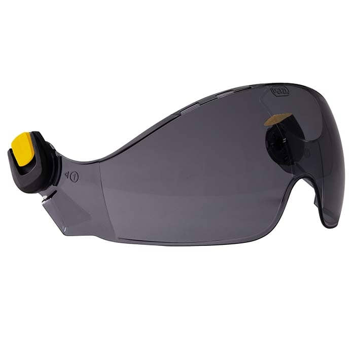 Vizir Shadow von Petzl, graue Schutzbrille mit gelbem Clip