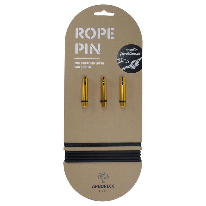 Rope Pin 10 von Arborixx Tools, drei orangefarbene Pins mit schwarzen Schlaufen auf brauner Verpackung mit Text und schwarzem Gummiband