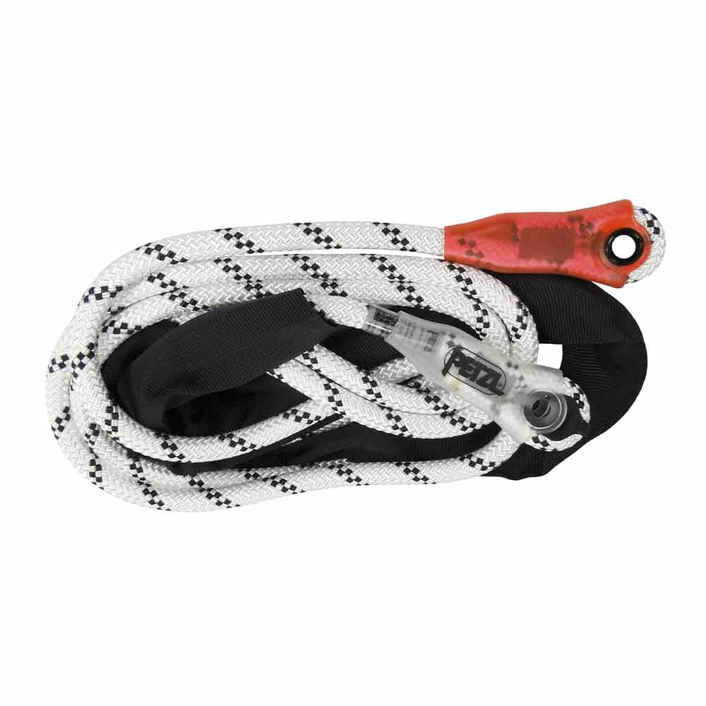 Grillon Rope von Petzl, weißes Seil mit schwarzen Streifen, rotem Schutz an einem Ende und schwarzer Schlaufe