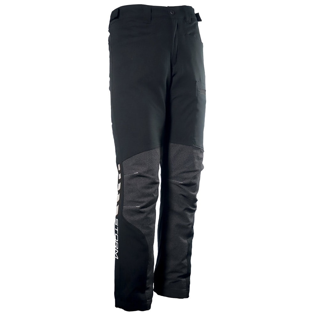 Schwarze Arbeitshose Arborflex Skins Storm mit verstärkten Knien und seitlicher Aufschrift "Storm"