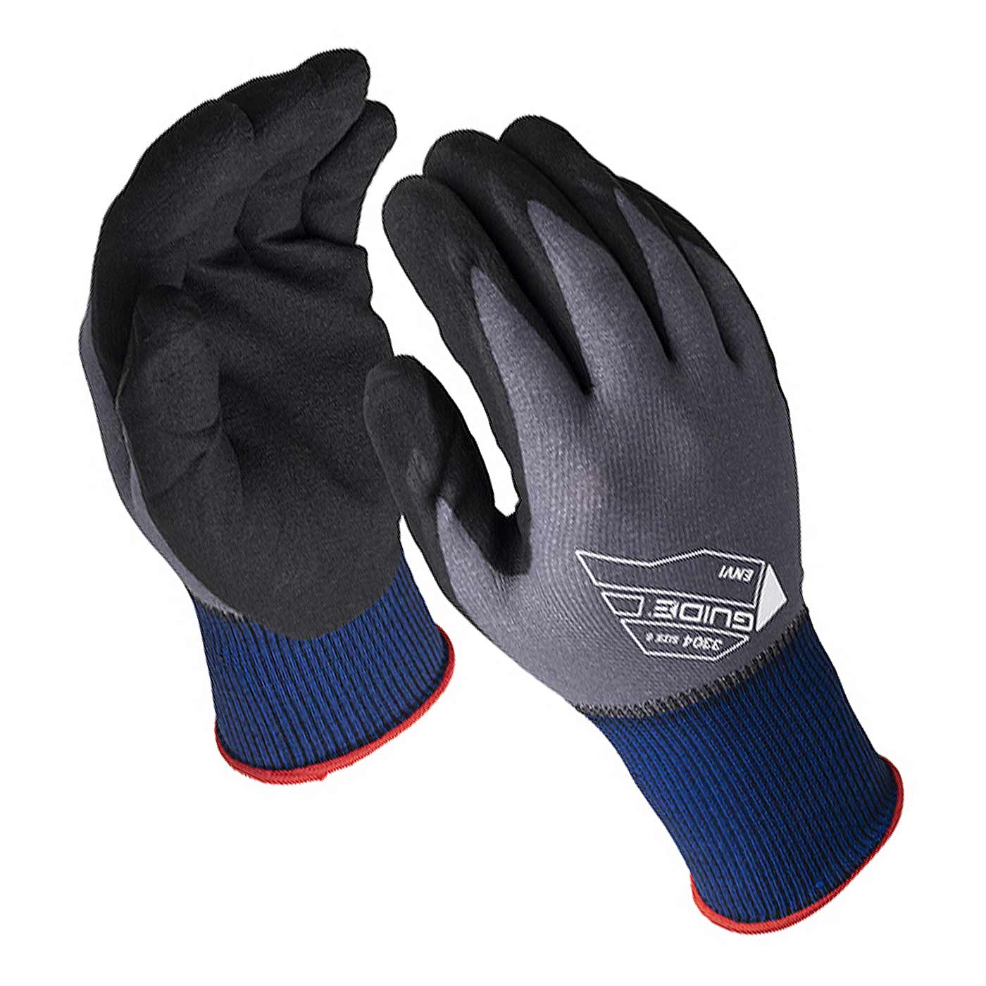 Arbeitshandschuhe Modell 3304 Guide, grau mit schwarzer Handinnenfläche und blauem Bündchen mit rotem Rand