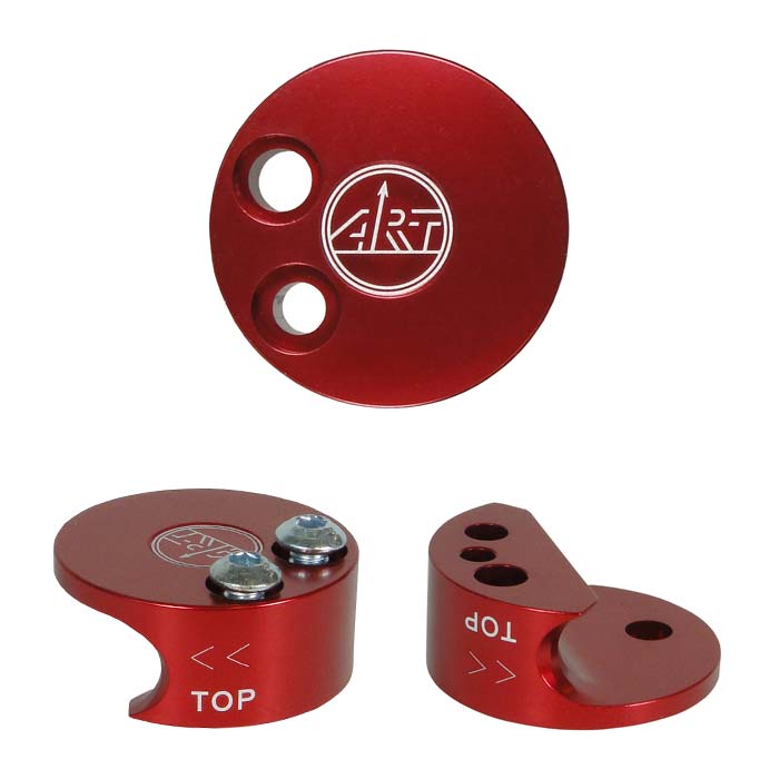 LockJack Gerätewange, drei rote Metallteile mit weißen Aufdrucken und zwei Schrauben, alle mit ART-Logo