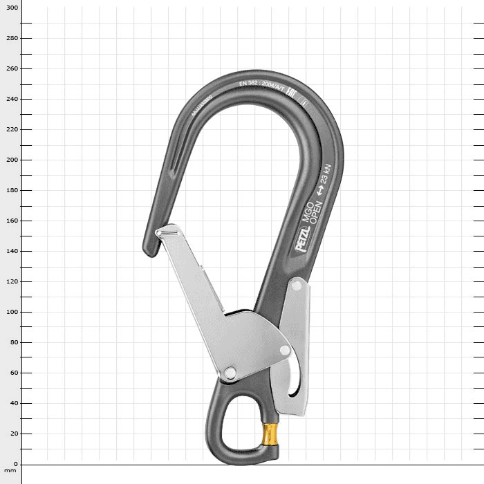 MGO Open 60 Karabinerhaken von Petzl in Schwarz mit silbernem Sicherheitsverschluss und gelbem Drehverschluss am unteren Ende, vor weißem Hintergrund