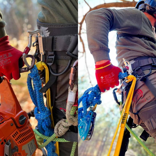 Zwei Bilder nebeneinander mit einer Person in Kletterausrüstung, roter Handschuh hält blaue Seile, Karabiner ist sichtbar, Produktname transPorter XL