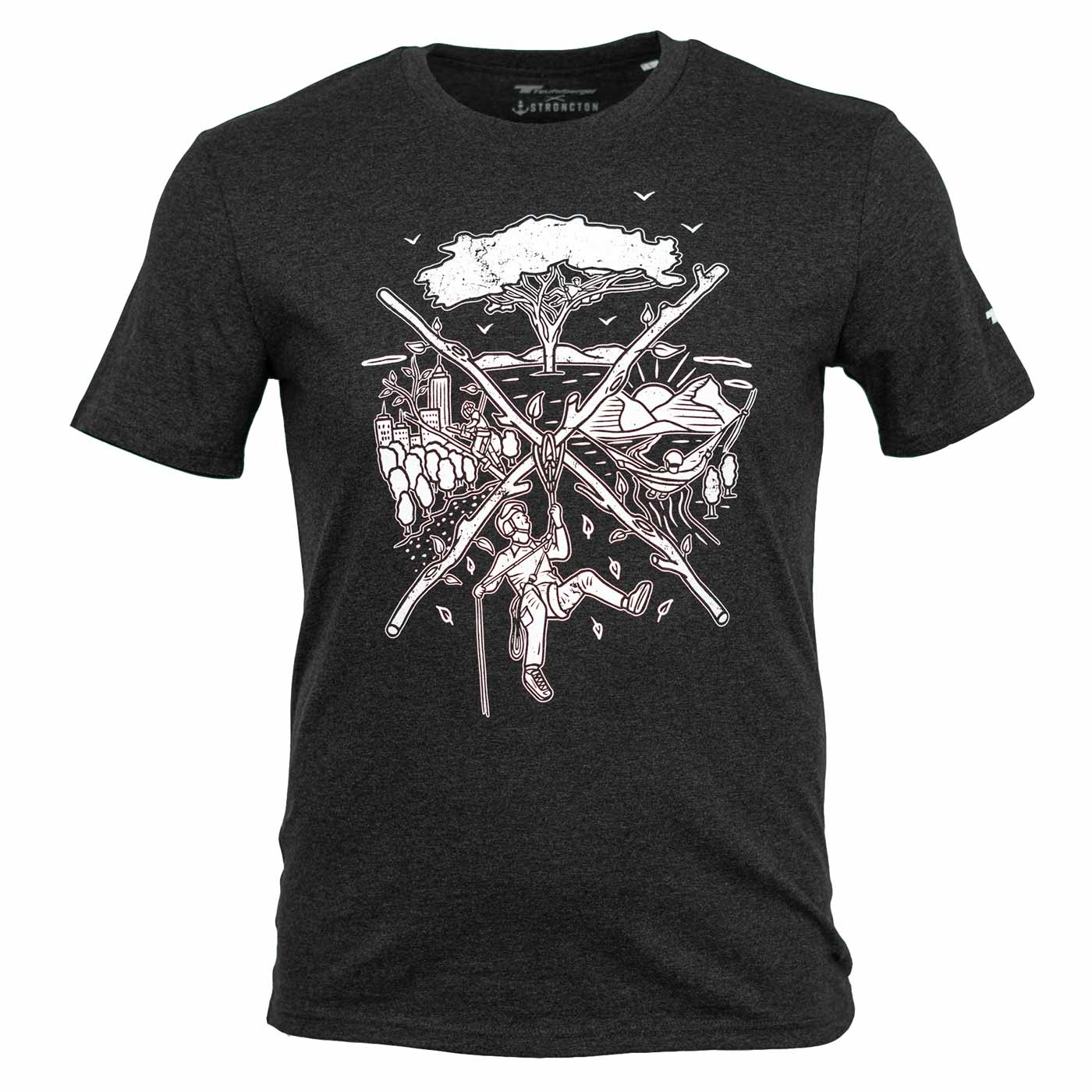tSPIRIT T-Shirt in Dunkelgrau mit weißem Grafikdruck eines Kletterers und Naturmotiven auf der Vorderseite