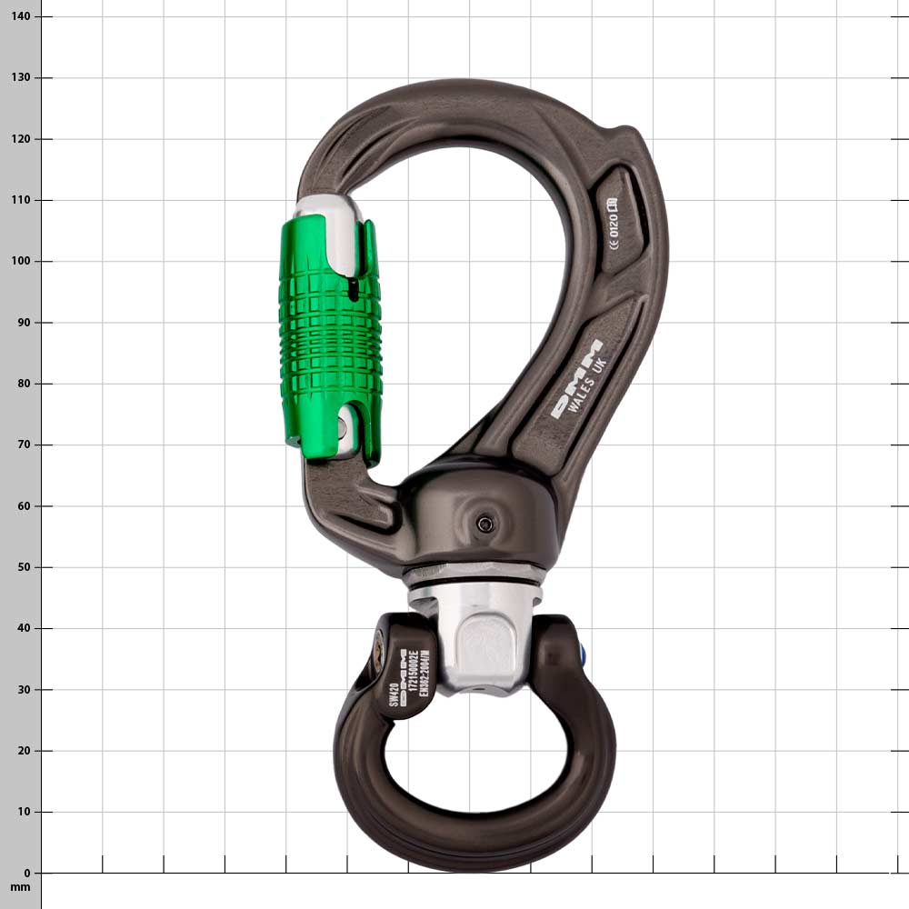 Director Swivel Boss Bow Karabiner mit grünem Verschluss und schwarzem Drehgelenk, Titel sichtbar