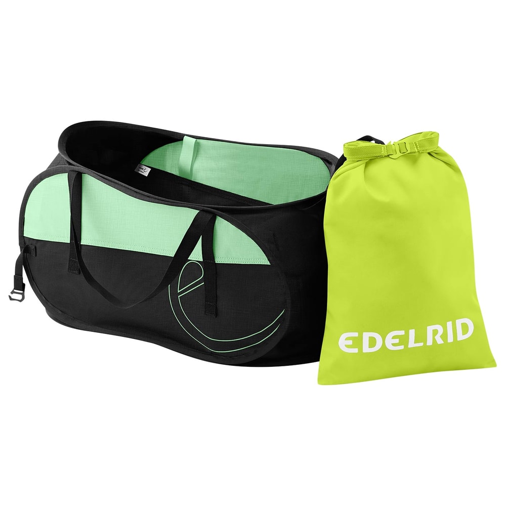 Spring Bag 30 von Edelrid in Schwarz und Mintgrün mit zwei Tragegriffen und einem kleinen Beutel in Neongelb mit weißem Edelrid-Logo