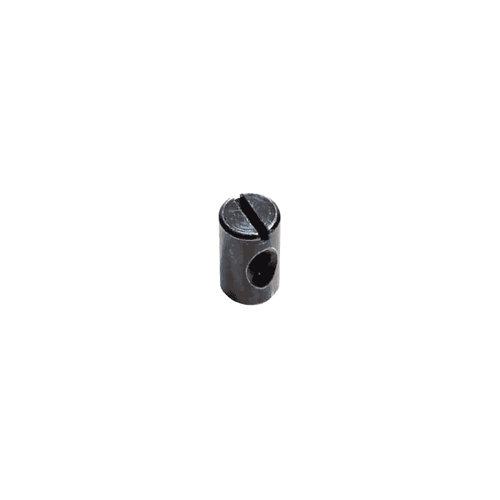 Tri-Guard T-Verbinder, kleiner zylindrischer Metallverbinder mit Schlitzschraube oben und seitlichem Loch.