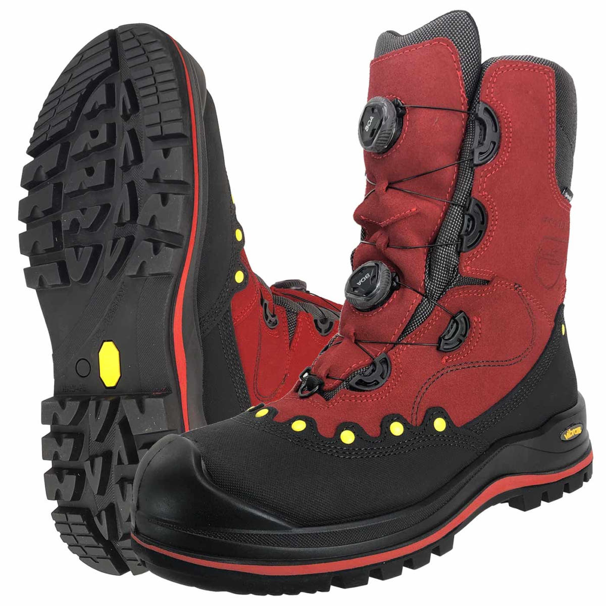 BOA® Schnittschutzschuh in Rot und Schwarz mit gelben Akzenten, schwarzer Sohle mit Profil und zwei schwarzen Drehverschlüssen vorne