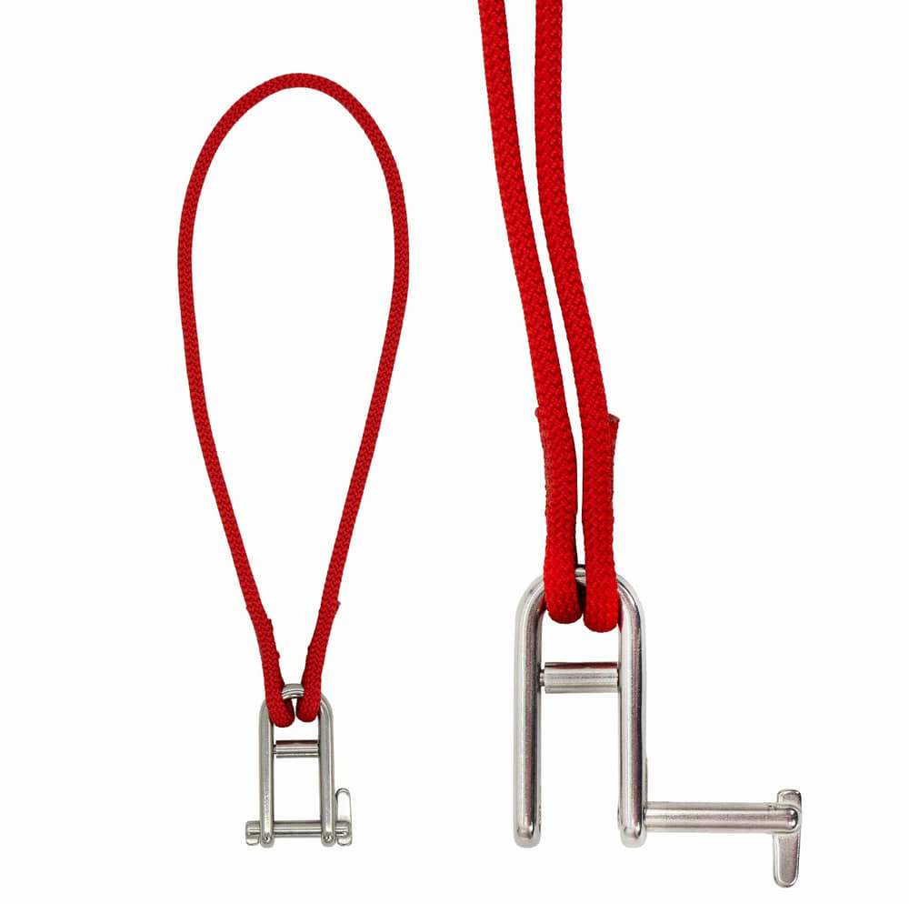 pullDOWN mit rotem Seil und silbernem Metallverschluss, zwei Ansichten, Produktname sichtbar