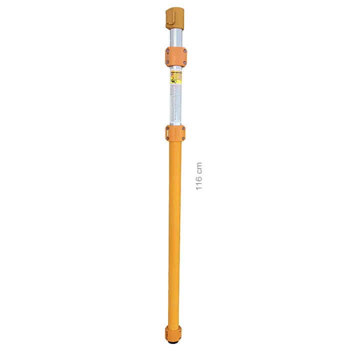 Longboy Stange unten, orange-gelbe Stange mit silbernem Mittelteil und Beschriftung, 116 cm lang
