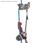 Freexion System Hitch Climber Klettergerät mit schwarzem Metallblock, blauem Seil, rotem Seil und schwarzem Seil, montiert und verbunden mit einer schwarzen Umlenkrolle und einem Karabinerhaken aus Metall