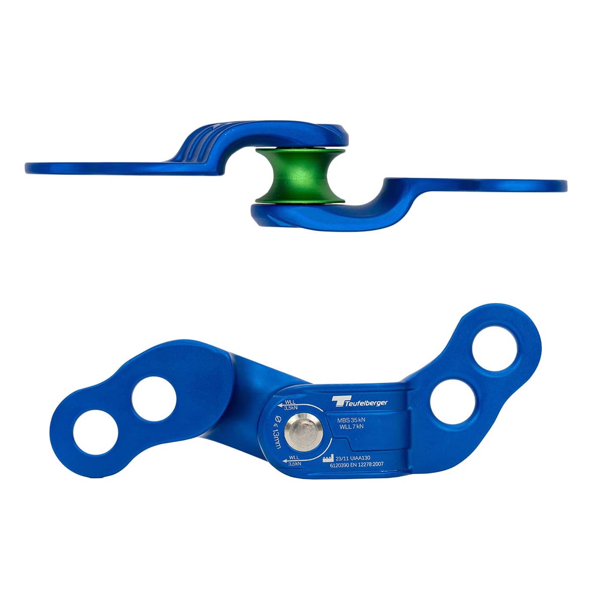 Zwei blaue Teufelberger glideHITCH Seilrollen mit grüner Rolle, eine von oben und eine von der Seite fotografiert