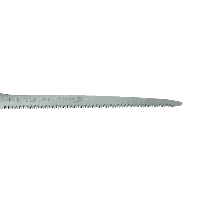 Silky Tsurugi 300-10 Sägeblatt mit gezahnten Schneidezähnen und Produktbeschriftung auf silbernem Metall