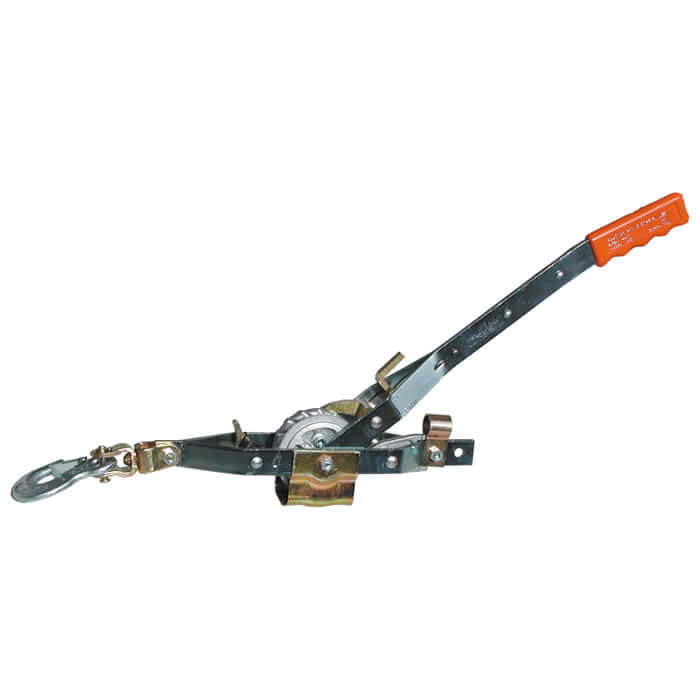 Rope Puller mit Metallrahmen, Hebel mit orangefarbenem Griff und Haken aus Metall