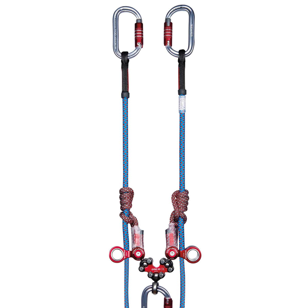 Gyro Lanyard Double, zwei blaue und rote Kletterseile mit roten Metallrollen, schwarzem Schutzüberzug und grauen Karabinern mit rotem Verschluss