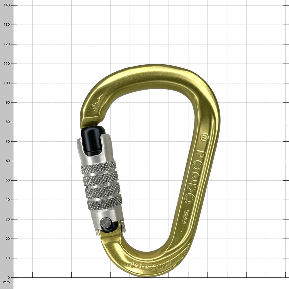 Karabiner Rondo 4 in gold mit silbernem Schraubverschluss, Herstellername "Rondo" sichtbar