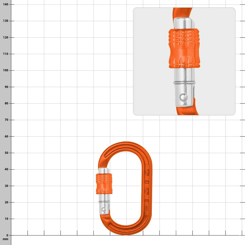XSRE Lock, Hersteller nicht sichtbar, oranger Karabiner mit orangem Verschluss, Nahaufnahme des Verschlusses oben rechts